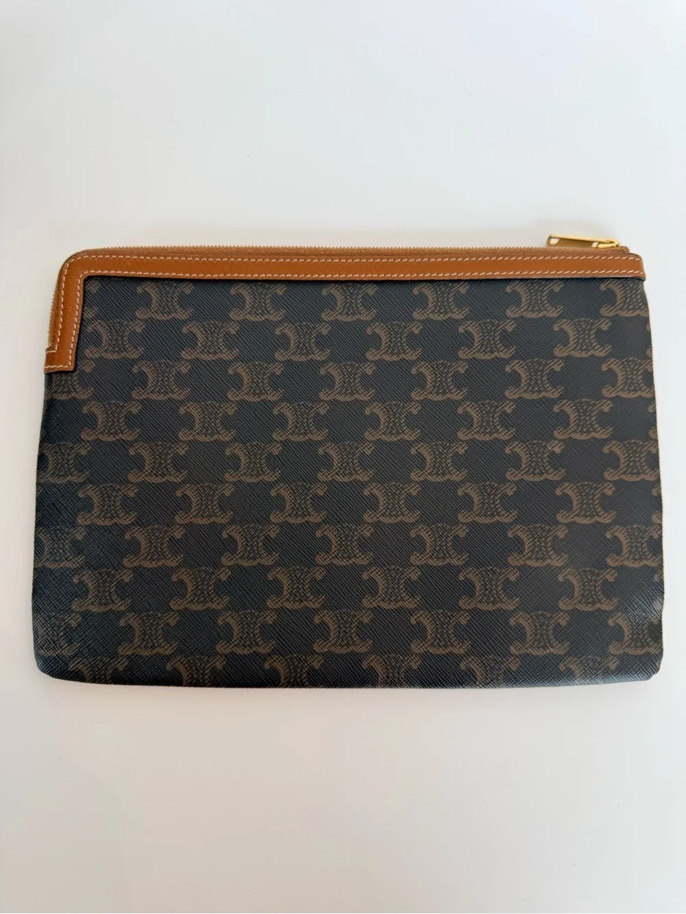 Celine Brown Monogram Canvas Zip Pouch with Tan Leather Trim
